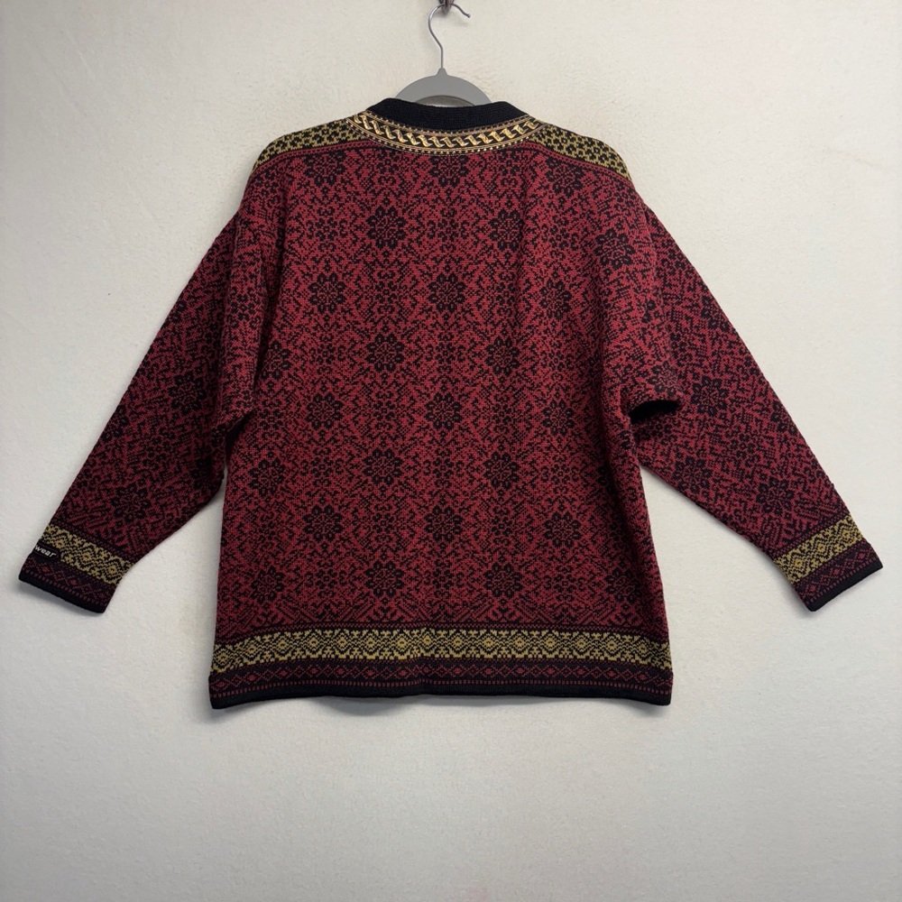 Icewear 100% Wool Knit Nordic Fair Isle Cardigan Sweater Red Black L Snowflake - Picture 2 of 7